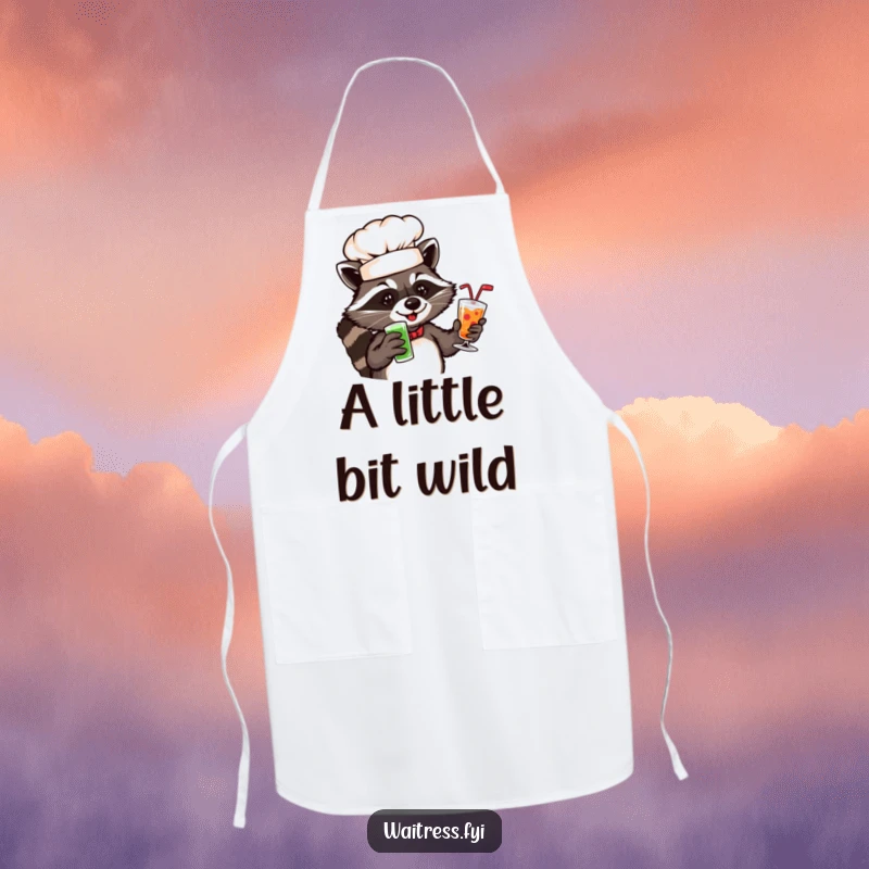 Funny raccoon chef apron featuring a playful raccoon in a chef hat serving drinks.