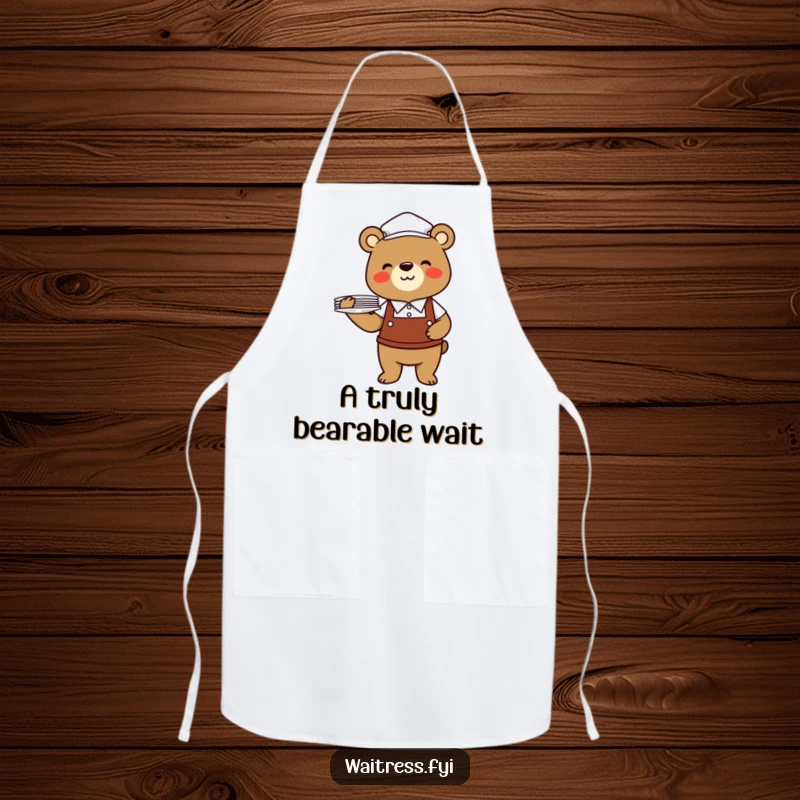 Funny bear waiter apron showing a cheerful bear in a waiter uniform balancing plates, for kitchen use.