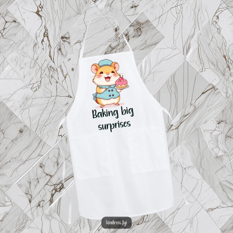 Funny Hamster Waitress Apron: A perky hamster gleefully presents a tiny decorated cake, adding playful humor to cooking.