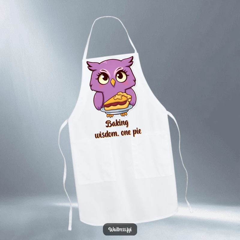 Funny purple owl with a quizzical look serves a delightful pie on this humorous kitchen apron.