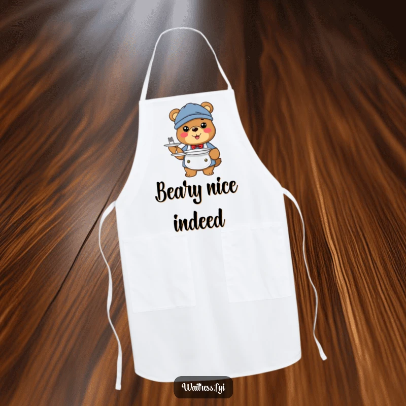Funny bear server apron featuring a happy bear dressed as a server holding plates.