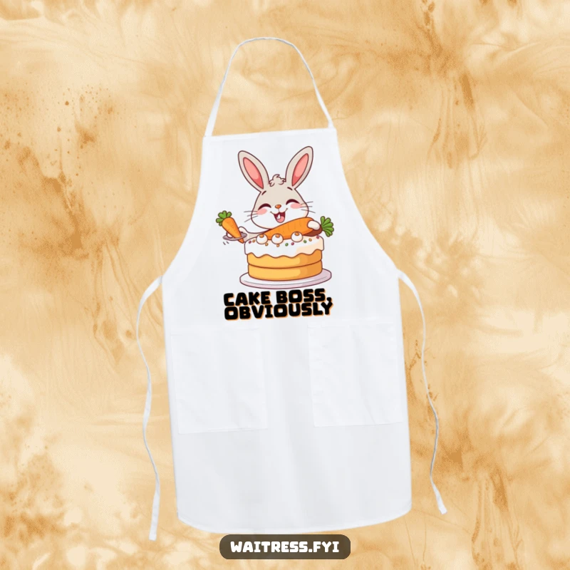 Funny Bunny Baker Apron showcasing a giggling bunny serving a giant carrot cake with a sense of dramatic flair.