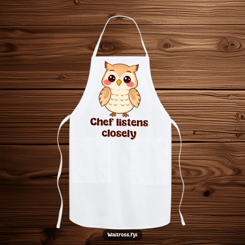 Funny Owl Listener Apron showing a cheerful owl character attentively listening with a knowing smile, bringing empathy to the kitchen.