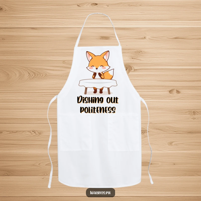 Funny apron with a blushing fox performing a polite curtsy while clearing a table, perfect for kitchen use with a theme of politeness.