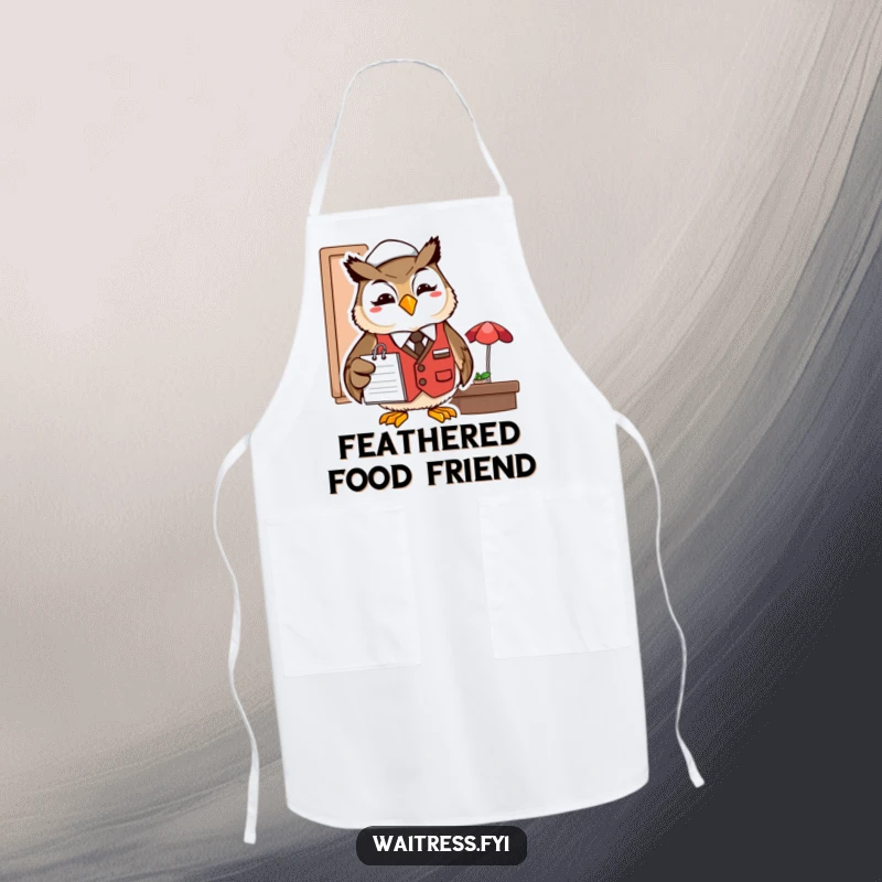 Funny owl server apron featuring a smiling owl in a restaurant vest with a notepad.