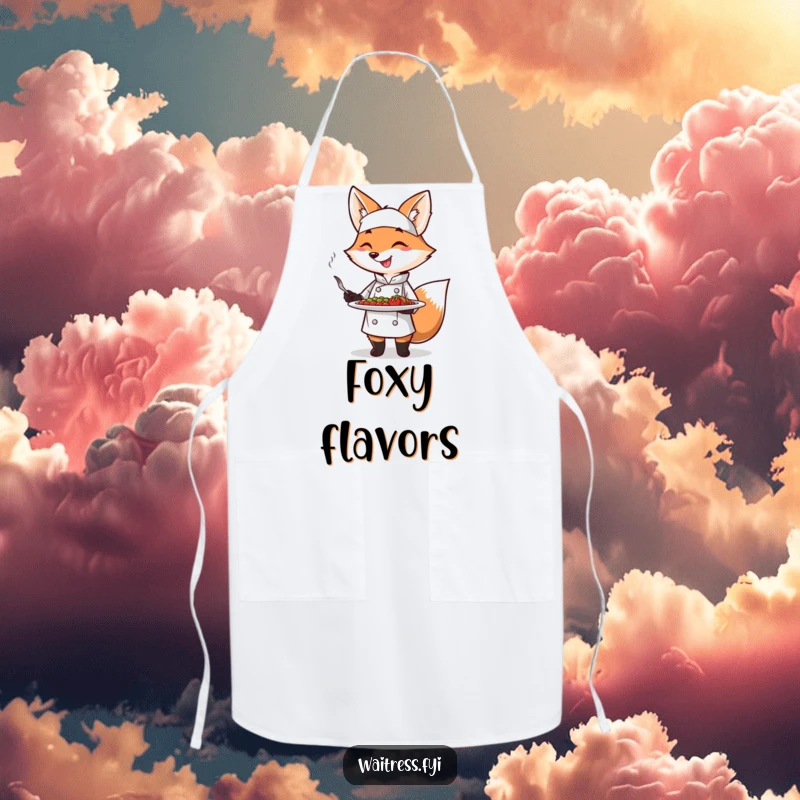 Funny Fox Chef Apron featuring a smiling fox chef presenting food with flair, ideal for cooking and as a funny gift.