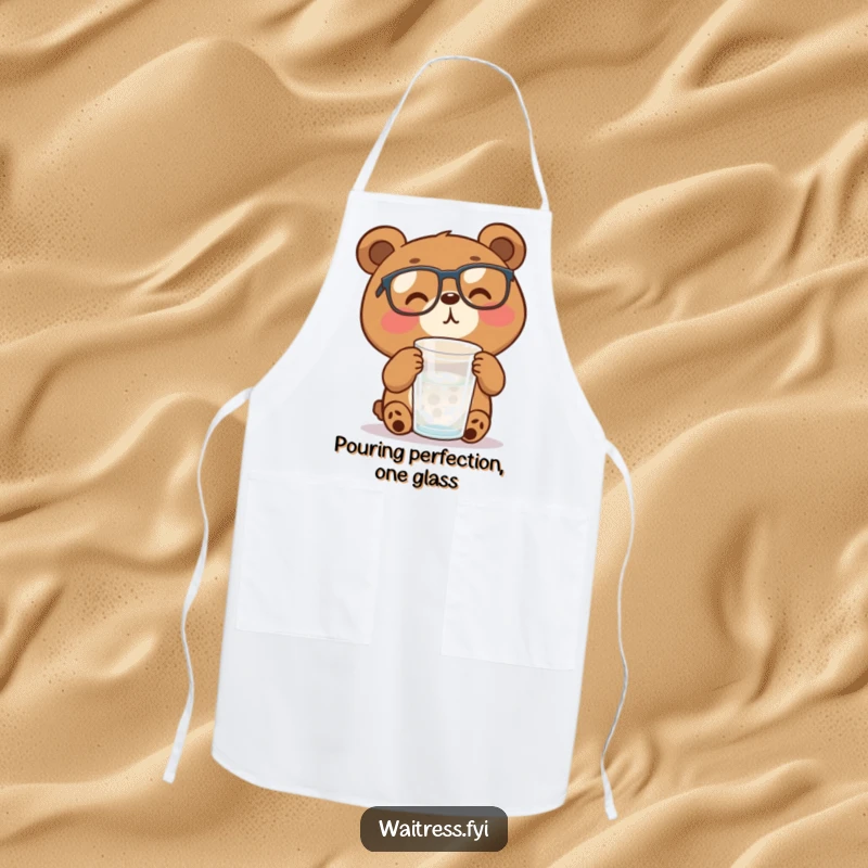 Funny brown bear with glasses efficiently refills a water glass, making this apron a humorous kitchen essential.