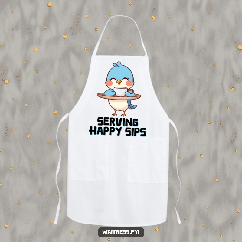 Funny blue bird character balancing a tray, winking as it presents a steaming cup on an apron, a funny kitchen gift.