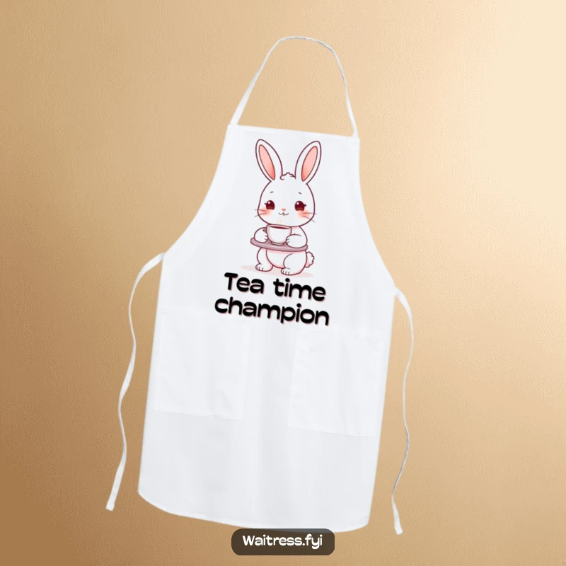 Funny bunny character holding a tea tray and teacup on a kitchen apron, perfect for cooking and baking enthusiasts.