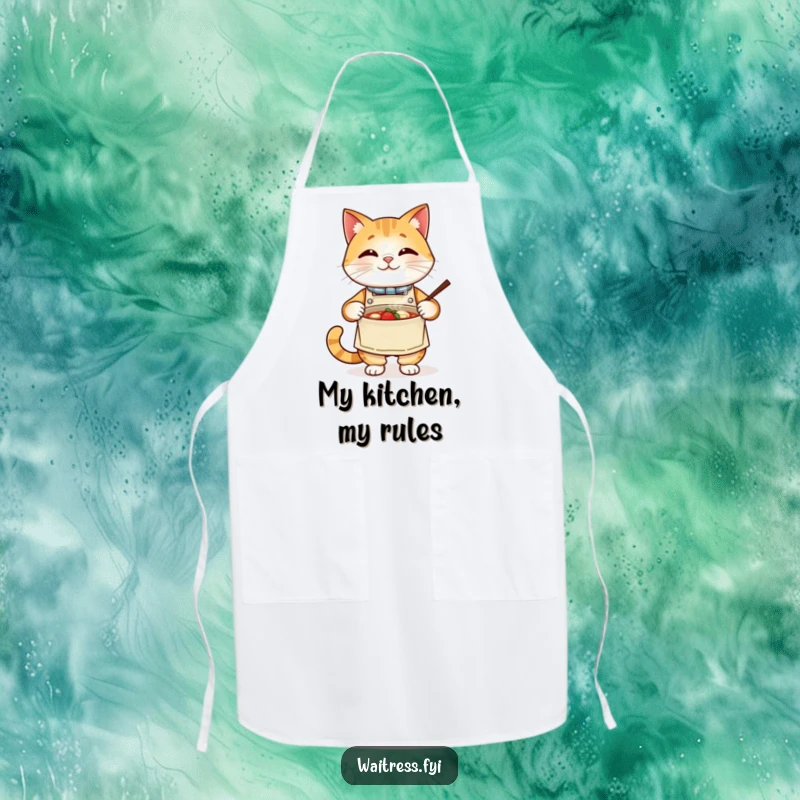 Funny cat chef apron, a proud cat wearing an apron presents a steaming bowl. Humorous kitchen wear for the feline gourmand.