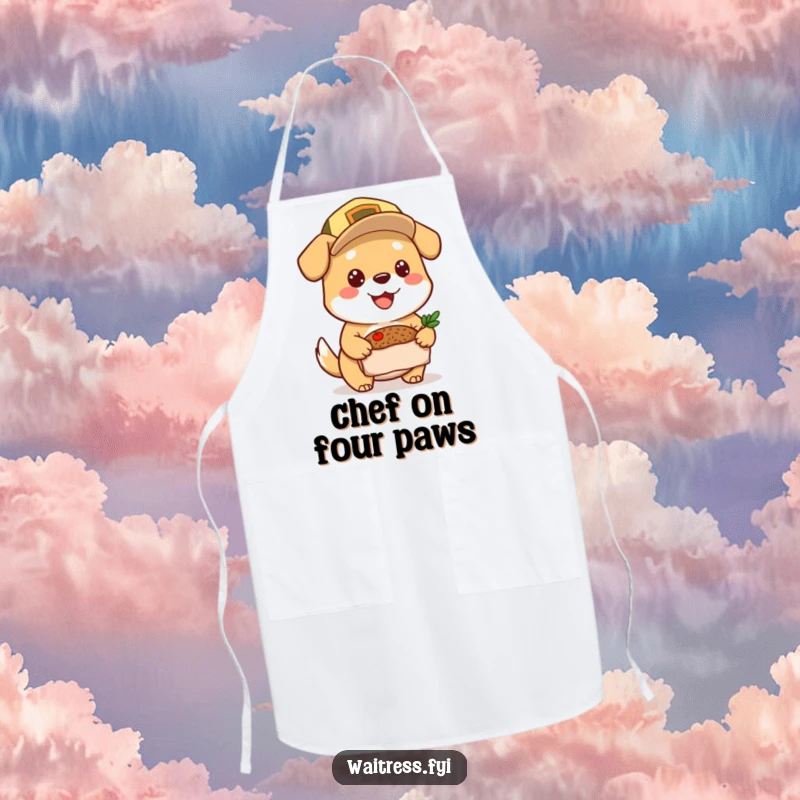 Funny Dog Apron: Cheerful dog wearing a delivery cap in the kitchen, serving up laughs, perfect funny gift.