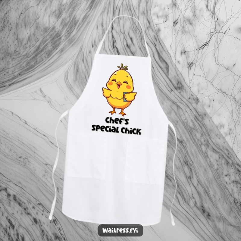 Funny yellow chick character wearing an apron, giggling and bouncing with an order pad, ready for kitchen fun.