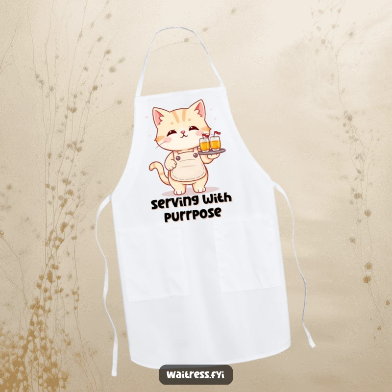 Funny kawaii cat apron showing a cute cat balancing drinks, perfect for cooks and bakers seeking humor, a great funny gift.