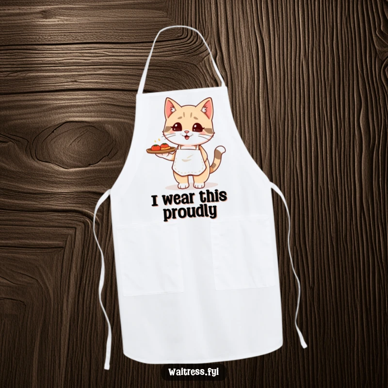 Funny Kawaii cat waiter apron showing a cute cat in an apron balancing a food tray, perfect for cooking.