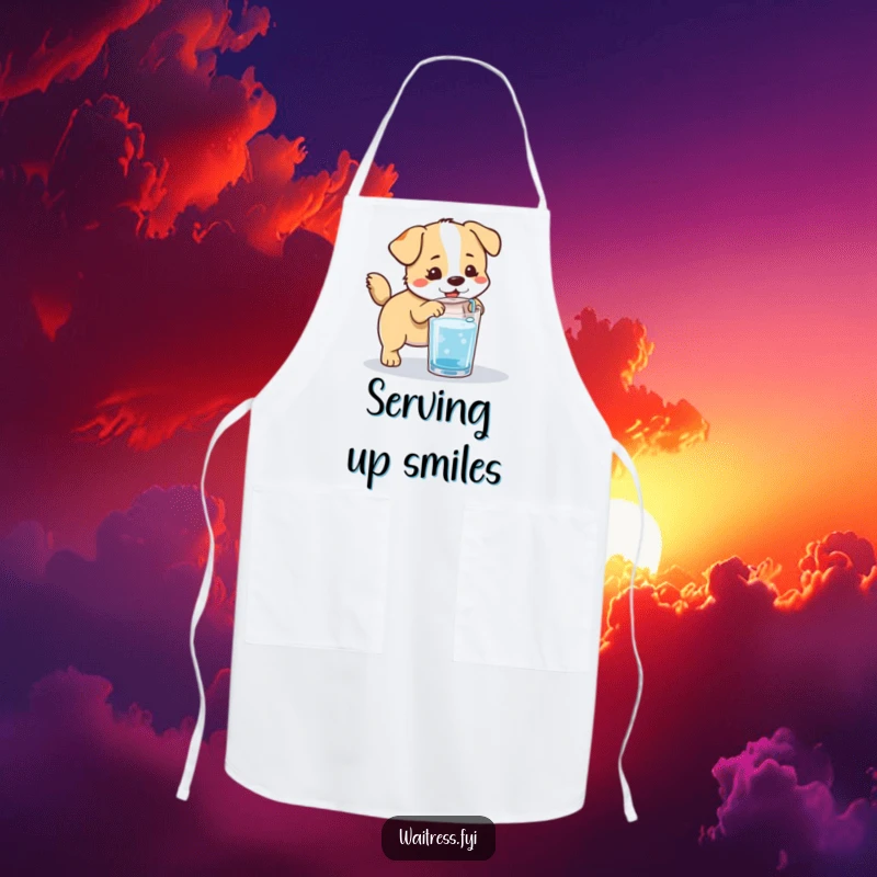 Funny Kawaii Dog Apron: A cute, tail-wagging dog refilling a water glass, perfect for kitchen fun and helpfulness.