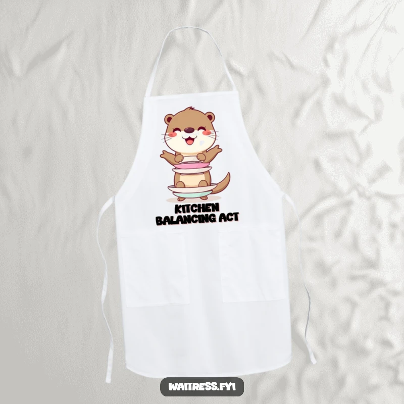 Funny cheerful otter character balancing a stack of imaginary plates on a kitchen apron, ideal for cooking and baking.