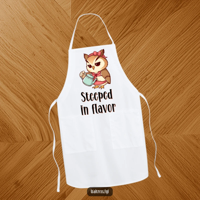 Funny Owl Waitress Apron featuring a determined owl pouring tea, ideal for cooking and as a funny gift.