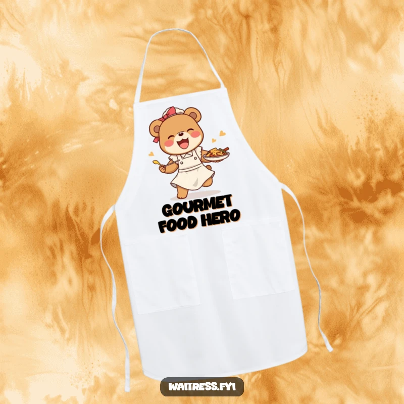Funny bear waitress apron depicting a happy bear comically tripping while saving food, perfect for kitchen mishaps.