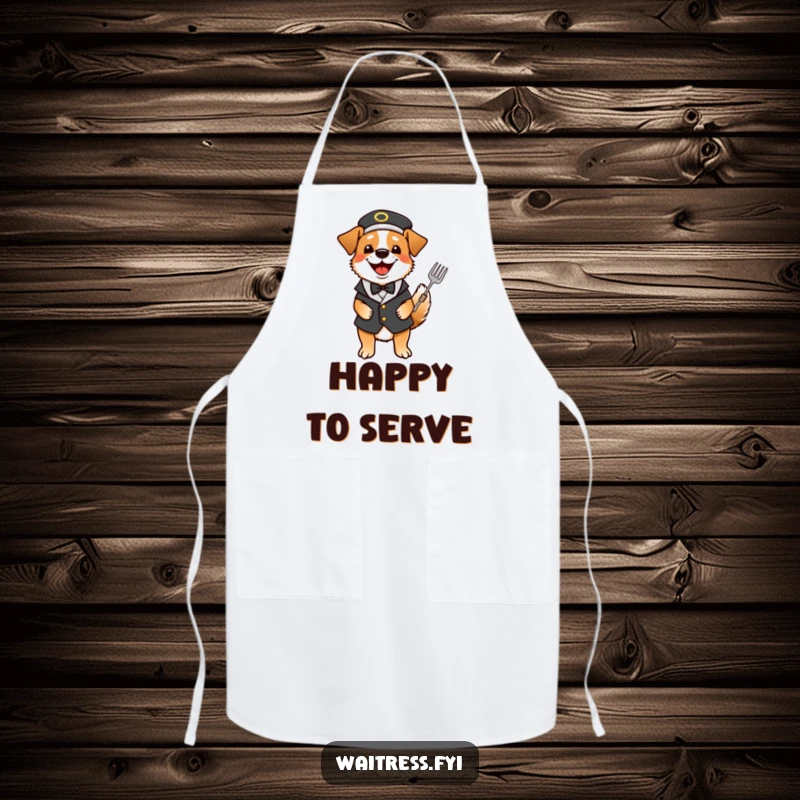 Funny dog waiter apron featuring a happy dog dressed as a waiter, tail wagging with excitement.