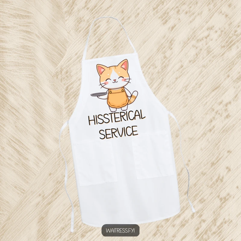 Funny cat waiter apron featuring a cute cat in a small apron, holding a tray, perfect for cooking.