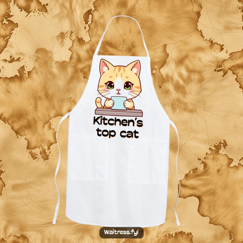 Funny Kawaii Cat Apron: A cute, polite cat wearing a server's hat, ready to help in the kitchen with style.