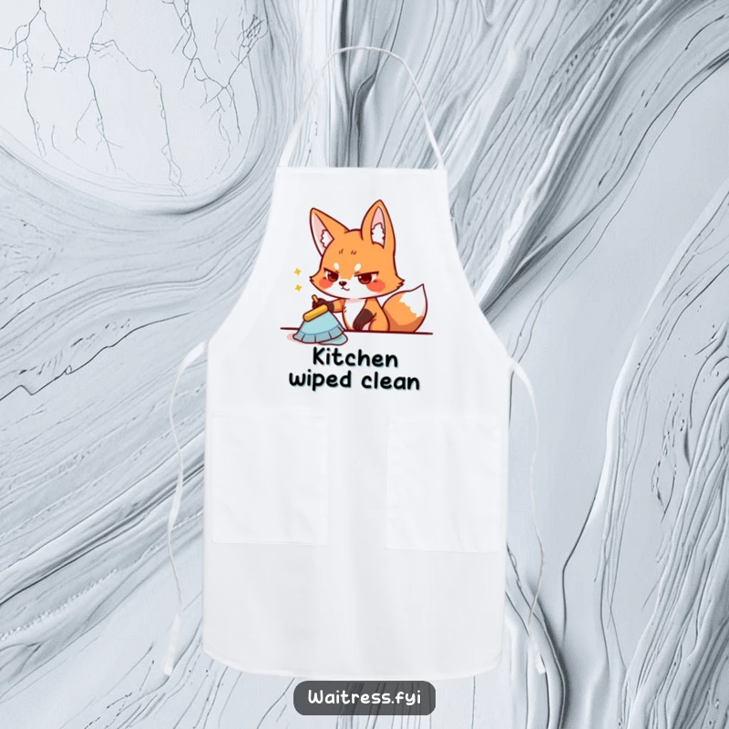 Funny playful fox character wiping a table with a determined expression on a kitchen apron, ideal for cleaning and cooking.