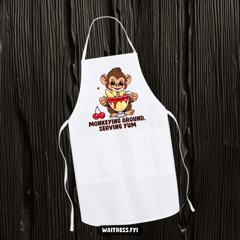 Funny Monkey Banana Apron depicting a mischievous monkey serving a banana split, perfect for kitchen use and funny gifting.