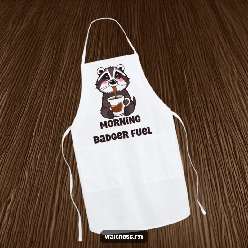 Funny badger coffee apron showing a cartoon badger wearing a barista apron, pouring fresh coffee into a customer's mug.