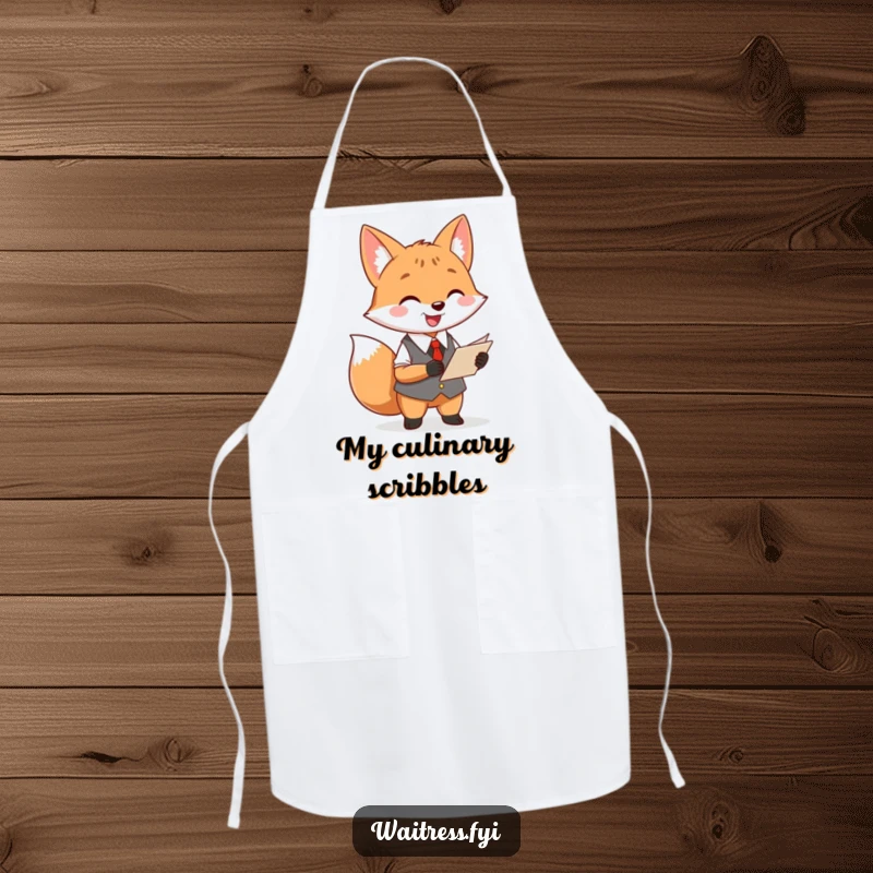 Funny fox waiter apron depicting a cheerful fox taking an order, perfect for kitchen fun with a humorous touch.
