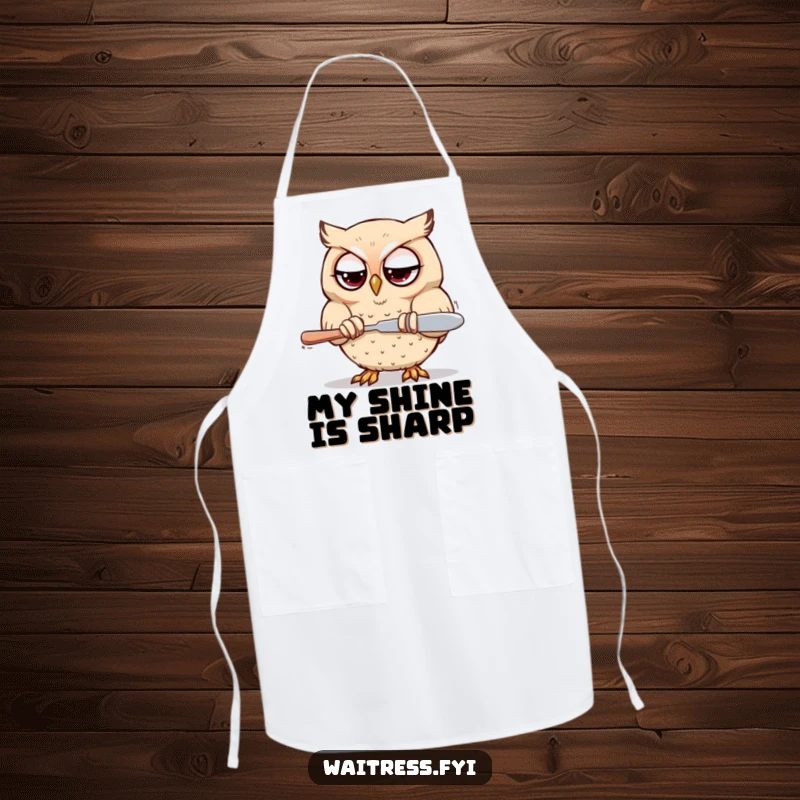 Funny Kawaii owl apron showing a determined owl polishing silverware with focused eyes, great for cooking.