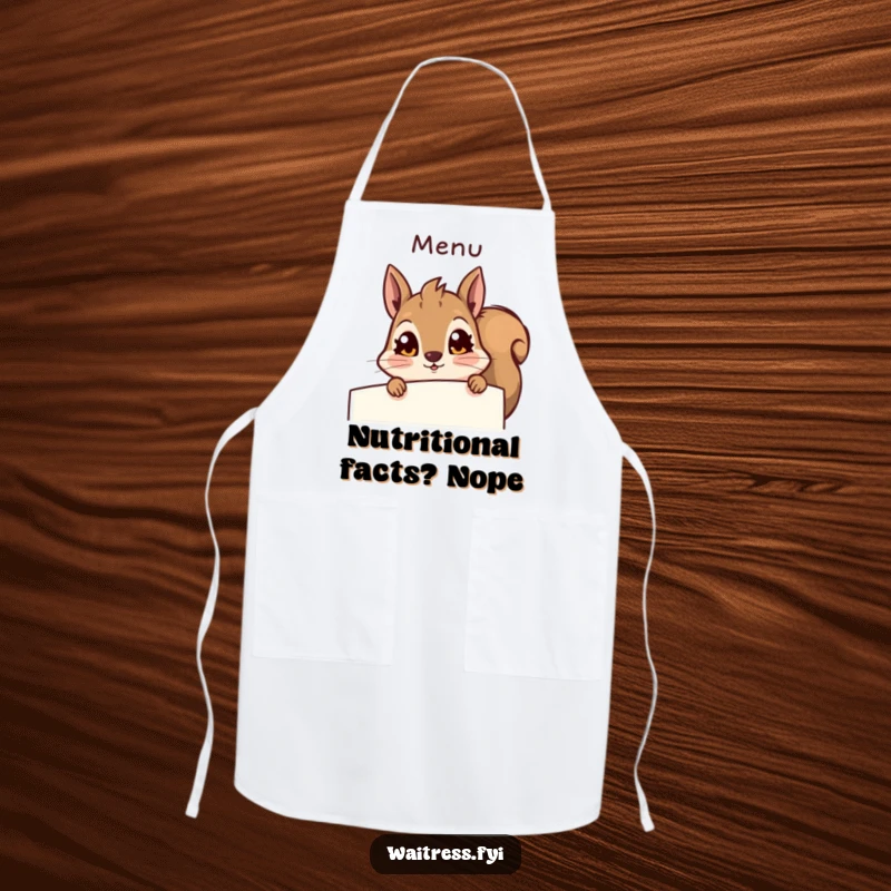 Funny squirrel apron, a surprised squirrel peeking from behind a menu, ready for culinary adventures. Humorous kitchen wear.