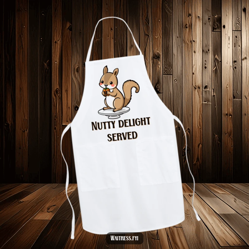 Funny Squirrel Nut Apron showcasing a squirrel balancing nuts on a small dish, perfect for culinary adventures and funny gifting.