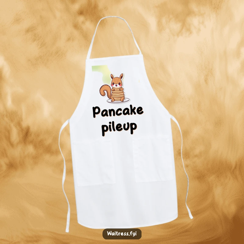 Funny squirrel pancakes apron showing a cartoon squirrel wearing a tiny chef hat, proudly presenting a stack of golden brown pancakes.
