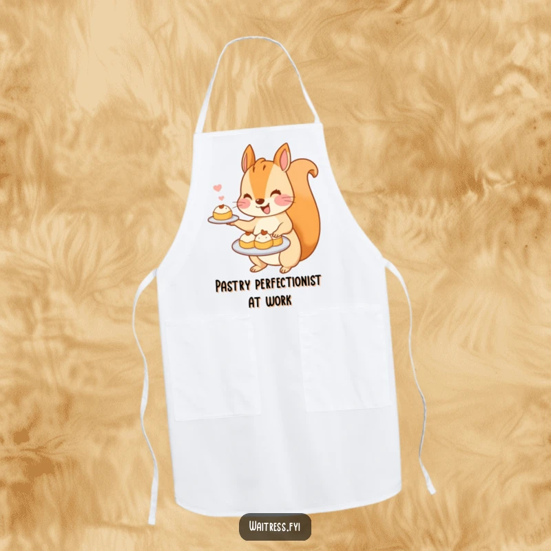 Funny Kawaii Squirrel Apron: A cute squirrel chef enthusiastically carries a tray loaded with miniature, tempting pastries.