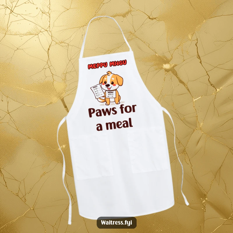 Funny dog waiter apron showing a cartoon corgi dressed as a waiter, presenting a menu with an eager and helpful demeanor.