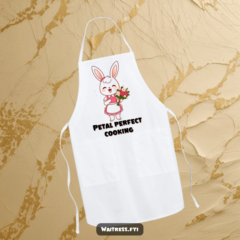 Funny Bunny Waitress Apron: A cheerful bunny waitress presenting a flower bouquet with a curtsey, ideal for a fun and charming kitchen.