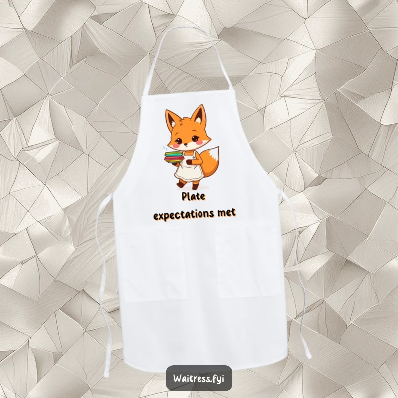 Funny orange fox character with an apron, happily carrying plates, on an apron, a funny kitchen gift.
