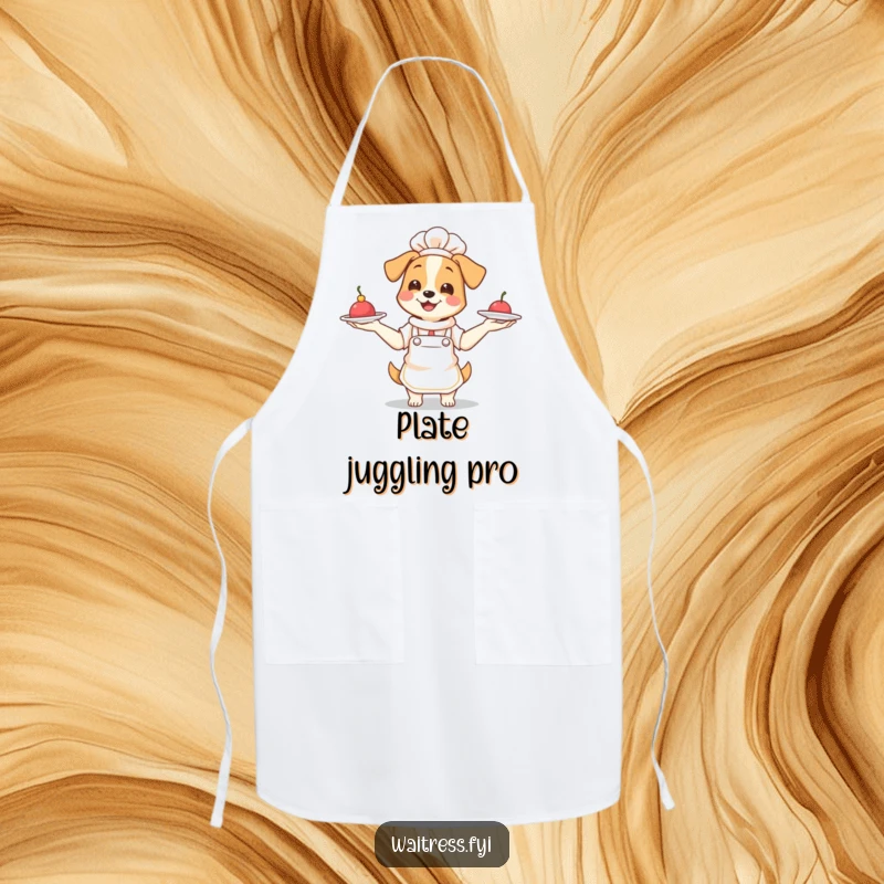 Funny Dog Waitress Apron: Smiling dog in apron juggling plates, humorous kitchen accessory for chefs.