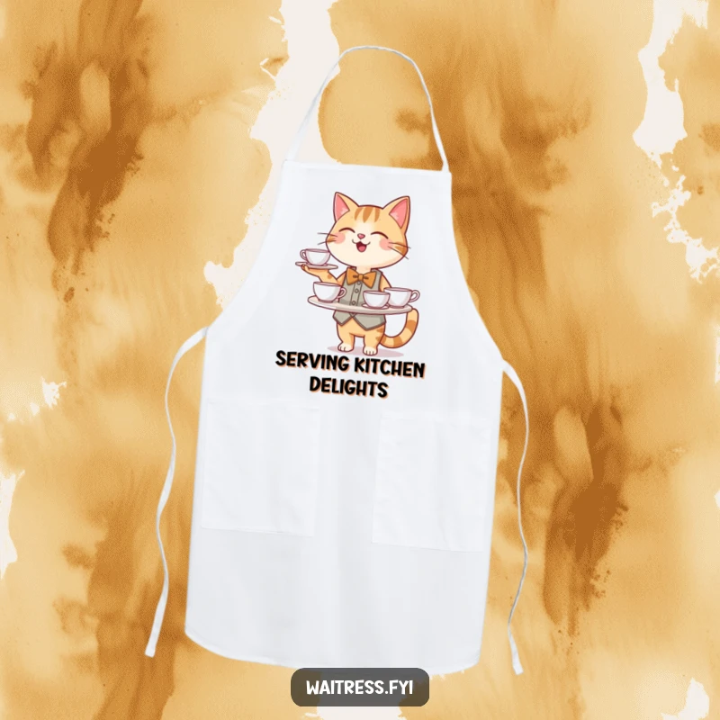 Funny Cat Waiter Apron: A happy cat character in a bowtie wears an apron and balances a tray of teacups.