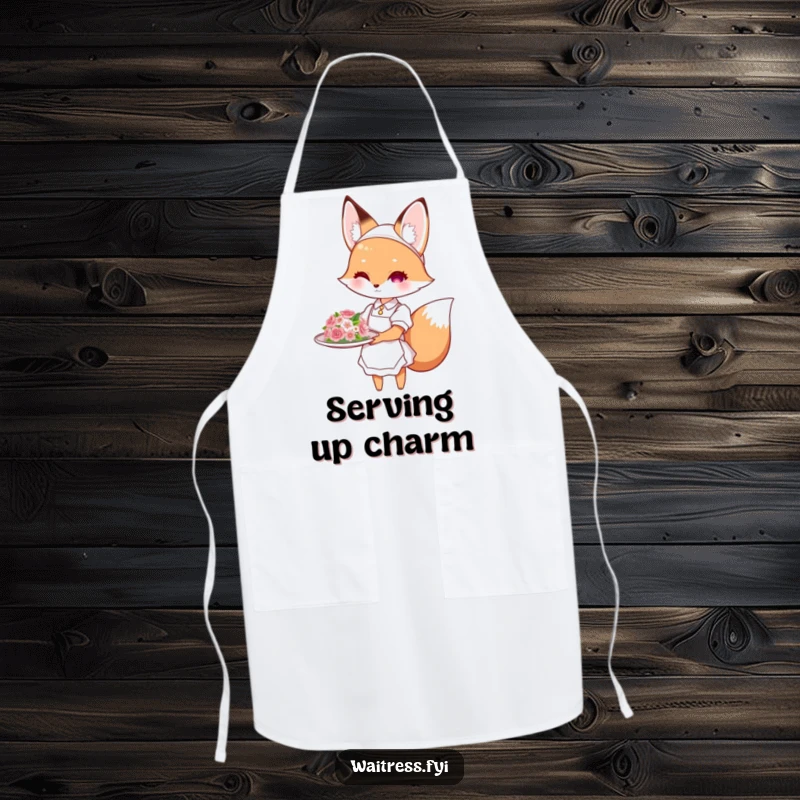 Funny fox waitress apron showing a cute fox presenting a flower-decorated dish, perfect for cooks and bakers seeking humor, a great funny gift.
