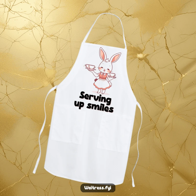 Funny bunny waitress apron depicting a smiling bunny balancing a tray of teacups, perfect for kitchen charm.