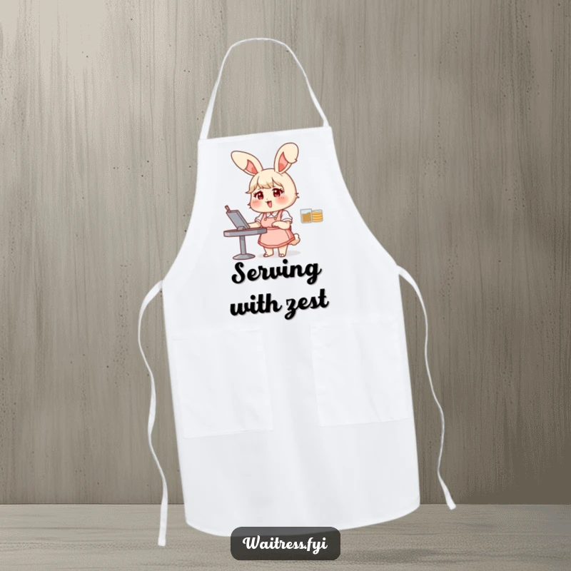 Funny bunny waitress apron showing a chubby bunny taking an order with glee, perfect for cooks and bakers seeking humor, a great funny gift.