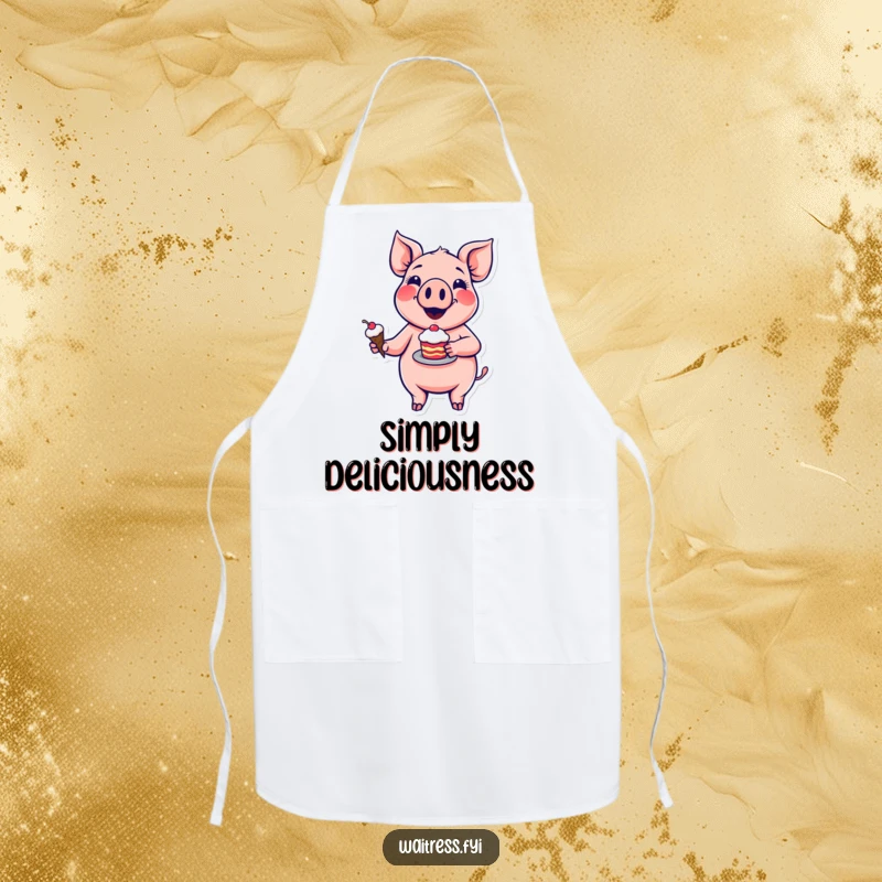 Funny pig dessert apron showing a smiling cartoon pig with a chef hat, presenting a perfectly baked cake with colorful frosting.