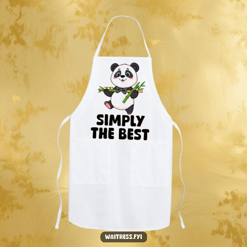 Funny Panda Bamboo Apron depicting a friendly panda in a bowtie serving bamboo, perfect for kitchen use and funny gifting.