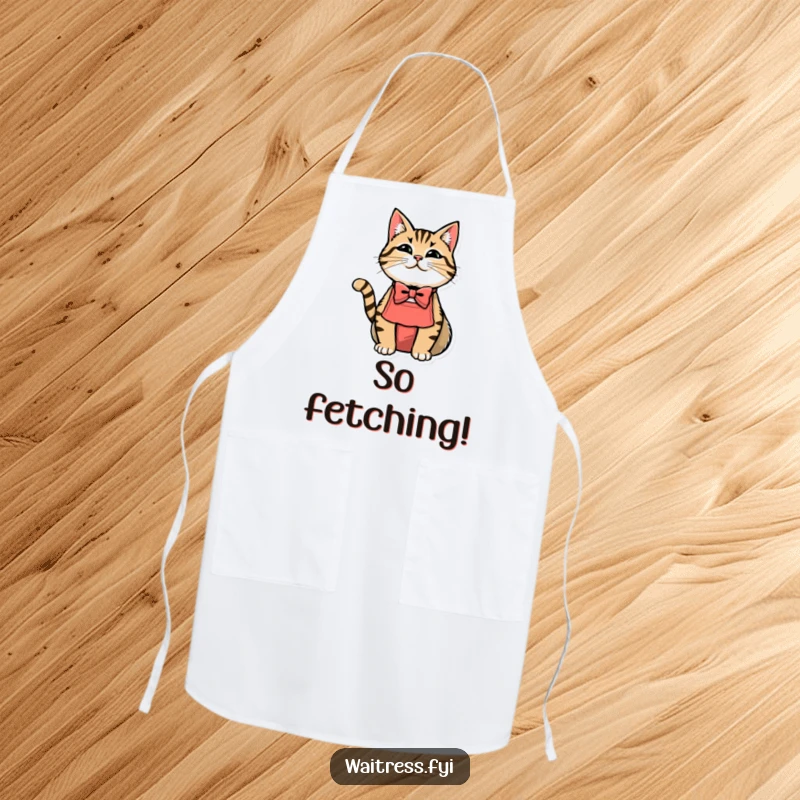 Funny cat waiter apron showing a cat wearing a bowtie and apron, ready to serve.
