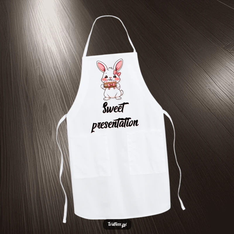 Funny bunny cake apron featuring a playful bunny presenting a slice of cake with a ribbon bow.