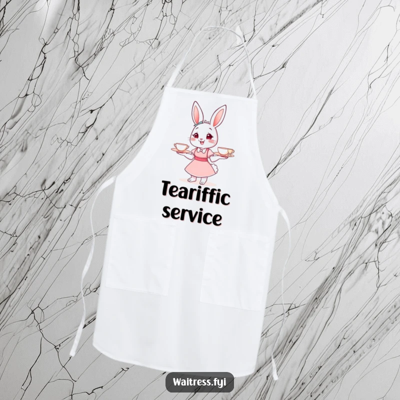 Funny Bunny Waitress Apron with a cheerful cartoon bunny serving teacups, ideal for cooking and as a funny gift.