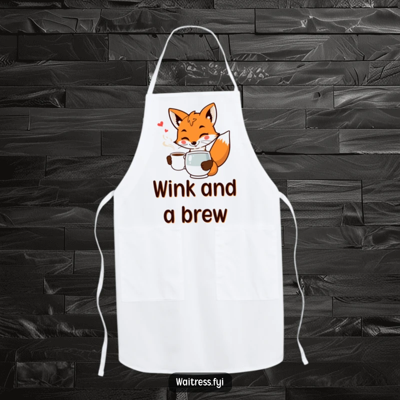 Funny fox waiter apron featuring a smiling fox in uniform serving coffee with a flourish and a wink.
