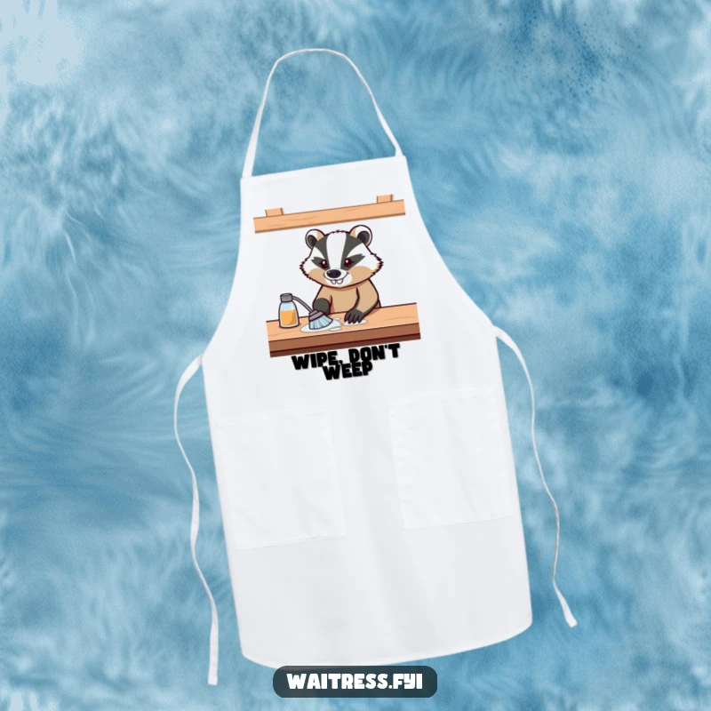Funny apron featuring a determined badger wiping a table with a persistent grin, perfect for kitchen or cleaning duty.