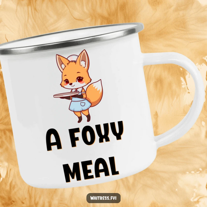 Funny fox diner camping mug featuring a cute fox in a diner uniform holding a tray.